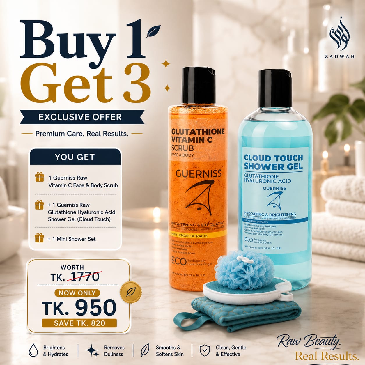 Guerniss Raw - Glutathione Vitamin C Face & Body Scrub With Free Glutathione Hyaluronic Acid Shower Gel (Cloud Touch) & Mini Shower Set Guerniss Raw - Glutathione Vitamin C Face & Body Scrub With Free Glutathione Hyaluronic Acid Shower Gel (Cloud Touch) & Mini Shower Set