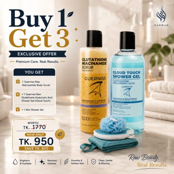 zadwah - guerniss raw - glutathione niacinamide body scrub with free glutathione hyaluronic acid shower gel (cloud touch) & mini shower set